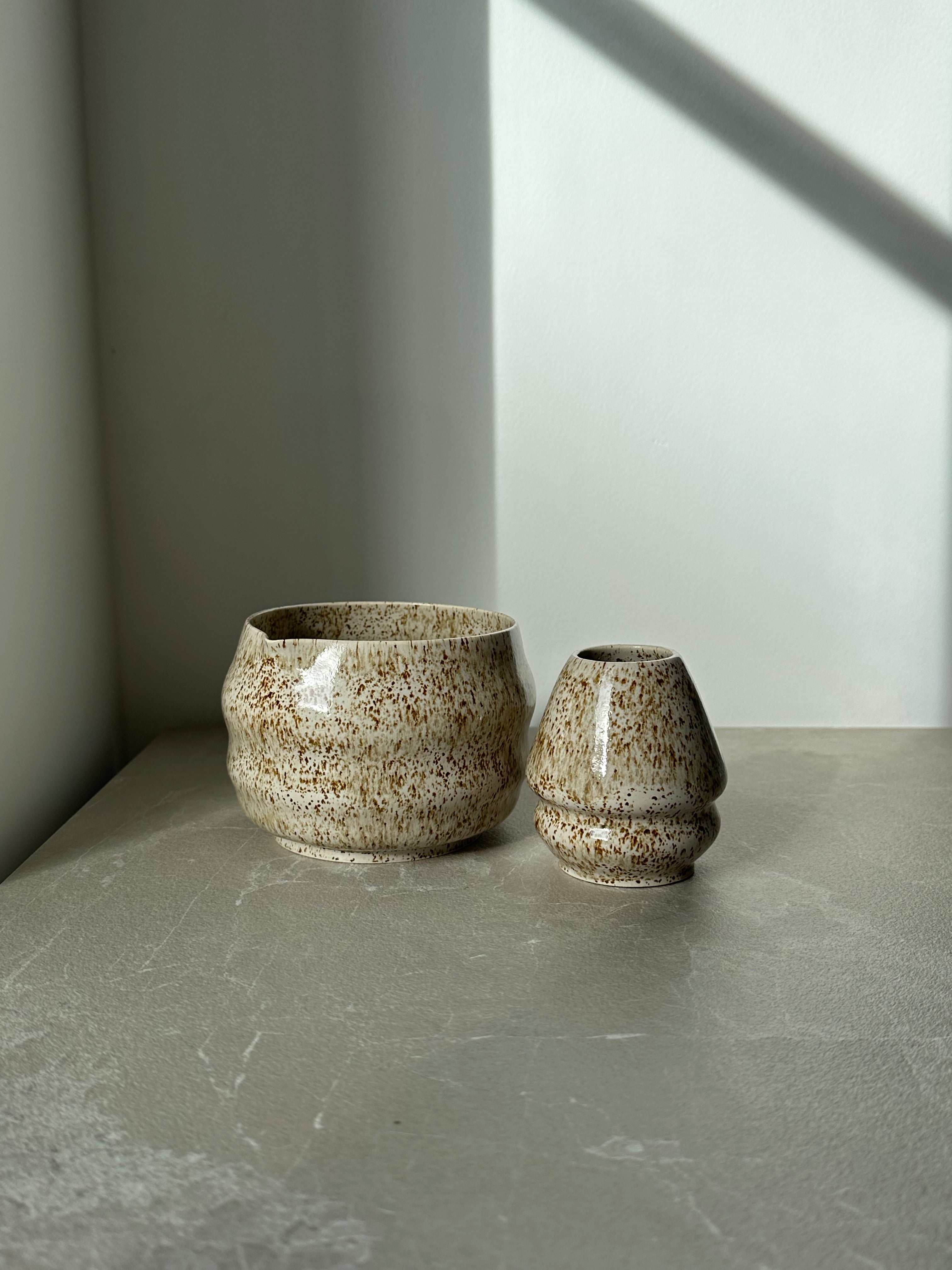 Set Bol à matcha et repose fouet - Beige moucheté